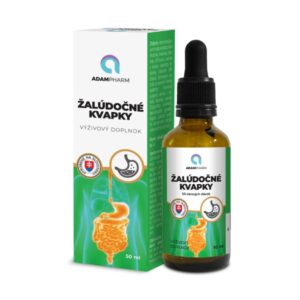 Fľaša a škatuľa ADAMPharm Žalúdočné kvapky 50 ml, slovenský výživový doplnok s kvapkadlom, grafika trávenia.