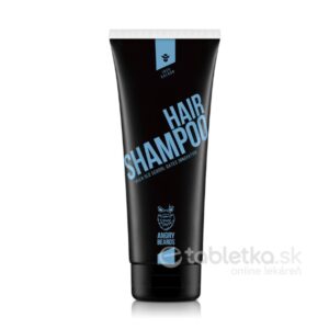 Čierna tuba ANGRY BEARDS šampón na vlasy JACK SALOON 230 ml, modrý a biely text, logo, uzáver typu flip-top.