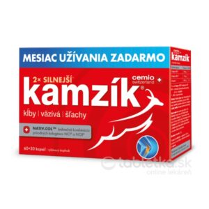 Cemio Kamzík 60+30 kapsúl: Červená škatuľa so slovenským textom a bielym jeleňom, informuje o kolagéne pre kĺby a chrupavky.