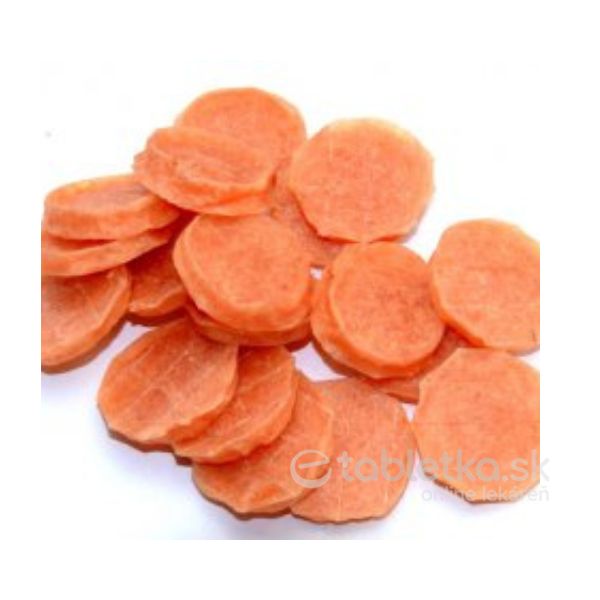 Pamlsok Salač Koliečko kuracie 250 g Na bielom pozadí sú uložené tenké, okrúhle, oranžové plátky Pamlsok Salač Koliečko kuracie 250g.
