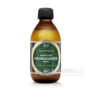 Hnedá fľaša so štítkom Zdravý svet lipozomálna ASHWAGANDA mega 200ml a čiernym vrchnákom na bielom pozadí.