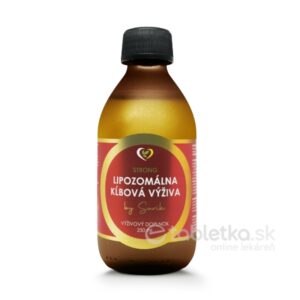 Hnedá fľaša so štítkom Zdravý svet lipozomálna KĹBOVÁ VÝŽIVA 250 ml, s čiernym uzáverom a červeno-žltým obalom.