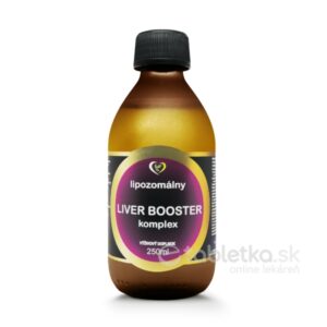 Hnedá fľaša Zdravý svet lipozomálny LIVER BOOSTER 250ml s čiernym vrchnákom a farebnou etiketou na bielom pozadí.