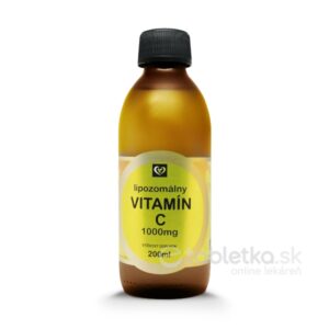 Hnedá fľaša s čiernym vrchnákom a etiketou Zdravý svet lipozomálny VITAMÍN C 1000mg 200ml na bielom pozadí.