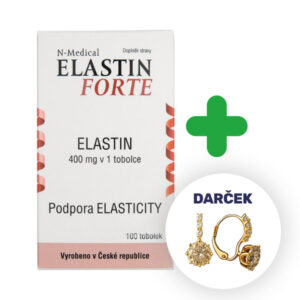 Krabička doplnku N-Medical ELASTIN FORTE 100 kapsúl vedľa páru zlatých náušníc, medzi nimi zelené plus.