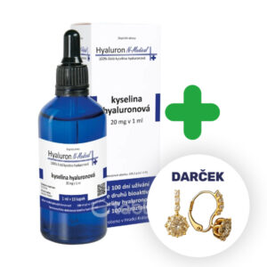 Modrá fľaša s kvapkadlom a škatuľka N-Medical Hyaluron 100% 100ml, zelené plus, zlaté náušnice v kruhu s nápisom DARČEK.
