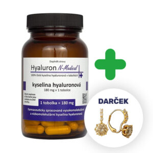 Fľaša N-Medical Hyaluron 30 kapsúl vedľa zeleného plusa a páru zlatých náušníc s označením DARČEK.