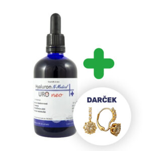 Fľaša N-Medical HYALURON URO 100 ml so zeleným plusom a pod ňou pár zlatých náušníc označených DARČEK.