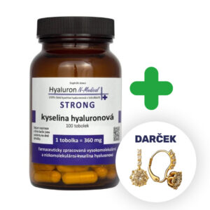 Fľaša N-Medical Hyaluron STRONG 100 kapsúl, zelené plus, zlaté náušnice s nápisom "DARČEK" ako darček navyše.