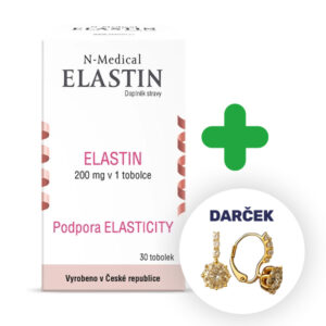 Krabička N-Medical ELASTIN 30 kapsúl, zelené plus, zlaté náušnice s označením DARČEK.