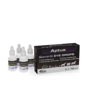 Štyri fľaštičky Aptus SentrX Eye Drops pre psov, mačky a kone 4x10ml vedľa čiernej škatuľky so siluetami zvierat.