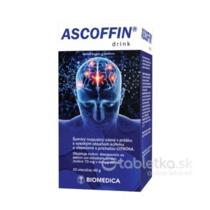 Krabička BIOMEDICA ASCOFFIN drink 10 vrecúšok, obrázok hlavy so zvýraznením mozgu, modré balenie, český text, značka Biomedica.