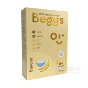 Žltá škatuľa Beggs mliečna kaša ryžová Banánová 6m+, 200g, pre deti od 6 mesiacov, s obrázkami ryžovej kaše a banánov.