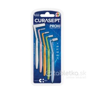 Balenie CURASEPT PROXI MIX ANGLE medzizubných kefiek 5ks rôznych farieb a veľkostí v priehľadnom plastovom obale.