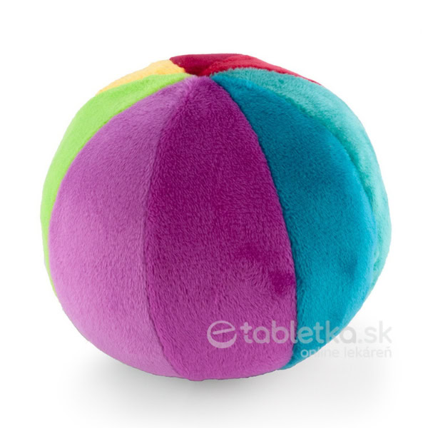 Mäkká lopta Canpol Babies so zvončekom, segmenty vo fialovej, modrej, zelenej, žltej a červenej farbe, určená pre deti od narodenia.