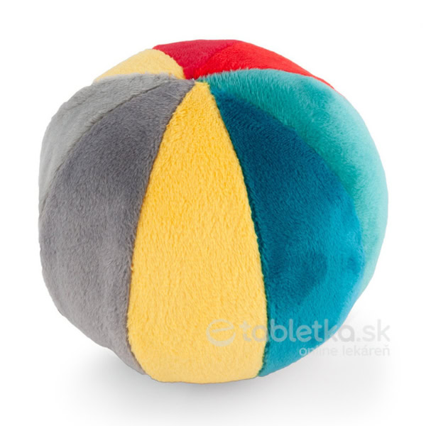 Canpol Babies mäkká lopta so zvončekom 0+ je plyšová senzomotorická lopta s pásmi v žltej, sivej, tyrkysovej, modrej a červenej farbe.