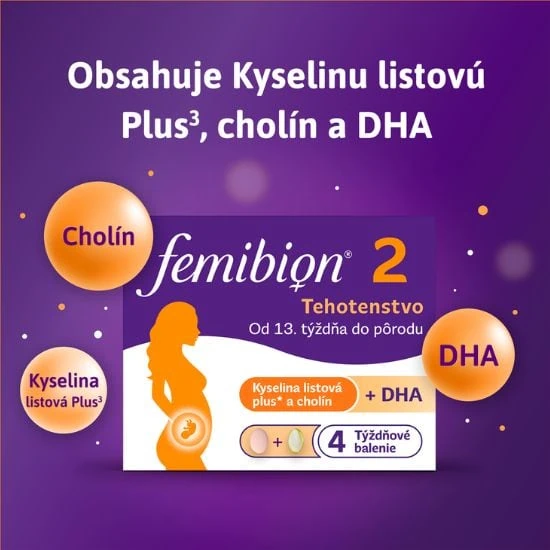 Vitamínový doplnok pre tehotné ženy Femibion 2 obsahuje kyselinu listovú Plus a cholín a DHA