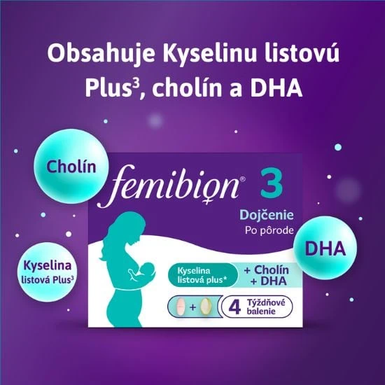 Doplnok pre mamičky Femibion 3 obsahuje kyselinu listovú Plus a cholín a DHA