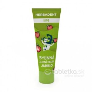 HERBADENT KIDS bylinná zubná pasta JABLKO 75g v zelenej tube s kreslenou postavičkou a červenými jablkami na obale.