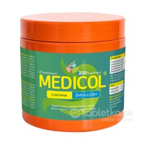 Oranžový obal s českým nápisom: MEDICOL Vláknina, Živé kultúry 220 kapsúl, doplnok stravy s vlákninou a probiotikami.