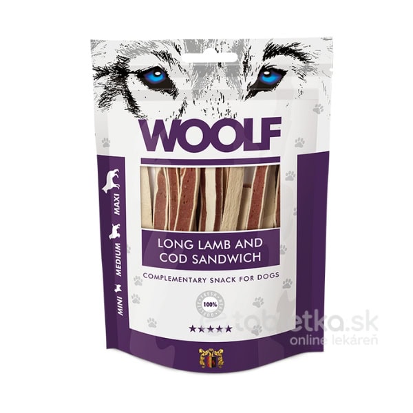 Pamlsok pre psov Woolf Long Lamb and Cod Sandwich 100g