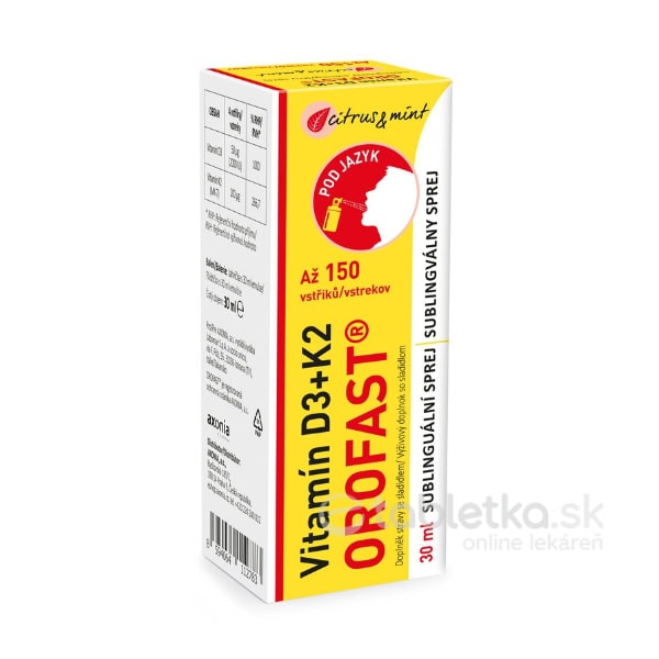 Vitamín D3+K2 Axonia OROFAST sublingválny sprej, príchuť citrus a mäta 30ml
