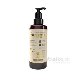 Hnedá dávkovacia fľaša Beggs BABY & KIDS detský umývací olej 200ml na bielom pozadí, hypoalergénny, vegánsky.