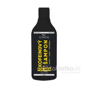 Čierna fľaša Clinical kofeínového šampónu pre mužov 250 ml; obsahuje kofeín, taurín, panthenol a pridané vitamíny.