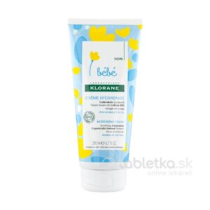 KLORANE bébé hydratačný krém na tvár a telo 200ml v modro-žltom obale so srdcami a kvetmi, určený pre bábätká.