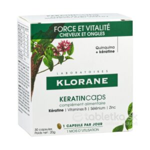 KLORANE KERATINcaps, doplnok stravy na vlasy a nechty s keratínom, vitamínmi B, selénom, zinkom a biotínom. 30 kapsúl, 1 deň.