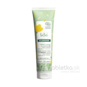 KLORANE bébé krém na prebaľovanie s BIO nechtíkom 100 ml, zeleno-žlté balenie s francúzskym a anglickým textom.