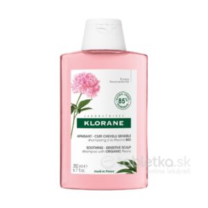Klorane šampón s BIO pivóniou 200ml: Ružová tekutina, etiketa s ilustráciou pivónie, určená na citlivú vlasovú pokožku.