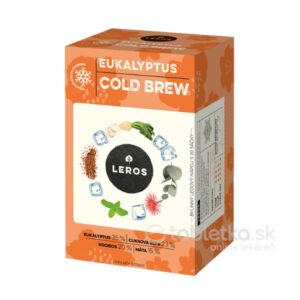 Na obale LEROS COLD BREW Eukalyptus 20x1,8g sú vyobrazené listy eukalyptu, mäty, rooibosu a kocky ľadu.
