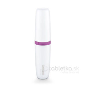 Biely, valcovitý dámsky zastrihávač Beurer HL 16 s fialovým pásom v strede stojí vzpriamene na bielom pozadí.