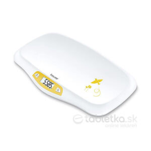 Beurer detská digitálna váha BY 80 je biela váha so žltým displejom zobrazujúcim 5,965 kg a jednoduchou žltou grafikou.