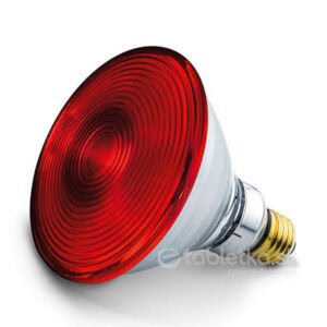 Beurer infražiarovka do infralampy 150W s červenou žiarovkou a kovovou základňou leží na bielom povrchu, z uhla vidno prednú časť.