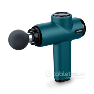 Masážna pištoľ Beurer MG 99 v tyrkysovej farbe s čiernym okrúhlym nadstavcom na použitie pri uvoľňovaní svalov.