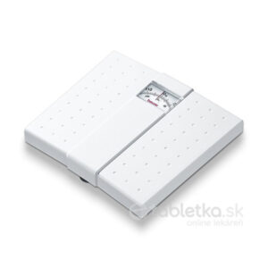 Biela mechanická osobná váha Beurer MS 01 s analógovým displejom a protišmykovým povrchom na meranie hmotnosti v kg.