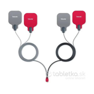 Dve dvojice elektród Beurer EM 59, EM 89-jedna červená a jedna sivá s káblami-ležia vedľa seba na bielom pozadí.