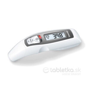 Digitálny infračervený teplomer Beurer FT 65 s veľkým displejom zobrazuje teplotu 39,8 °C, na bielom pozadí.