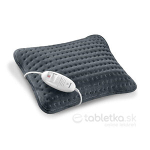 Beurer vyhrievací vankúš HK 48, obdĺžnikový tmavosivý model s textúrovaným povrchom a bielym ovládačom na kábli.