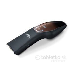 Beurer zastrihávač brady HR 4000 v čiernej a hnedej farbe s digitálnym displejom a tlačidlom, položený na bielej ploche.