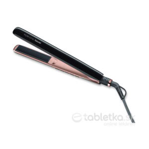 Beurer žehlička na vlasy HS 80, čierna a ružovozlatá, s káblom otvorená na bielom pozadí.