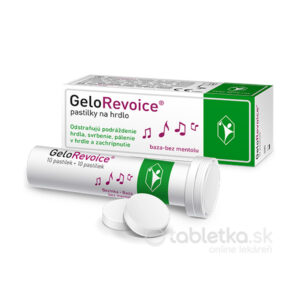 Krabička a tuba GeloRevoice pastiliek na hrdlo, baza-bez mentolu 10ks, so zobrazenými okrúhlymi pastilkami, popis v slovenčine.