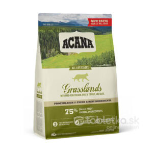 ACANA Grasslands Cat Grain-Free 1,8kg je krmivo pre mačky so 75 % živočíšnych zložiek: kurča, kačka, morka a prepelica.