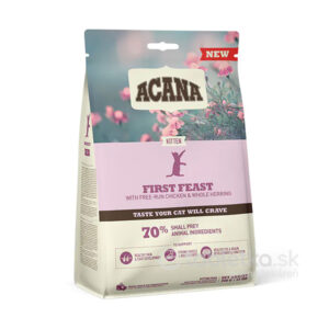 340g balenie krmiva ACANA First Feast pre mačky s voľne chovaným kuracím mäsom a celými sleďmi, určené pre mačiatka.