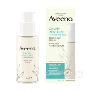 Aveeno CALM+RESTORE hydratačné sérum 30ml s pumpičkou, ovsený komplex, vo fľaštičke a krabičke na citlivú pleť.