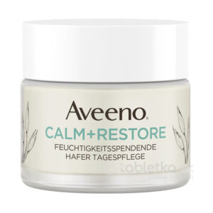 50ml dóza Aveeno CALM+RESTORE hydratačný pleťový gél s ovsom na citlivú pokožku, biely vrchnák, ilustrácie ovsa na etikete.