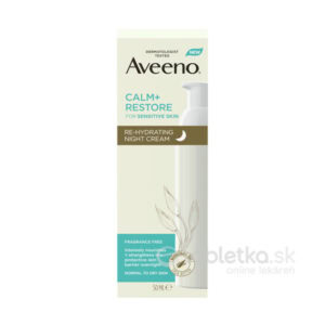 Krabica Aveeno CALM+RESTORE rehydratačný nočný krém 50 ml pre citlivú pokožku, bez parfumácie, s prebiotickým ovsom, vedľa nej stojí fľaša produktu.