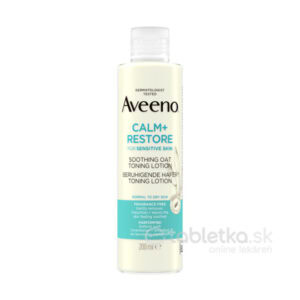 Aveeno CALM+RESTORE toner s ovsom 200ml pre citlivú pokožku, informácie o obsahu ovsa sú zobrazené na etikete.